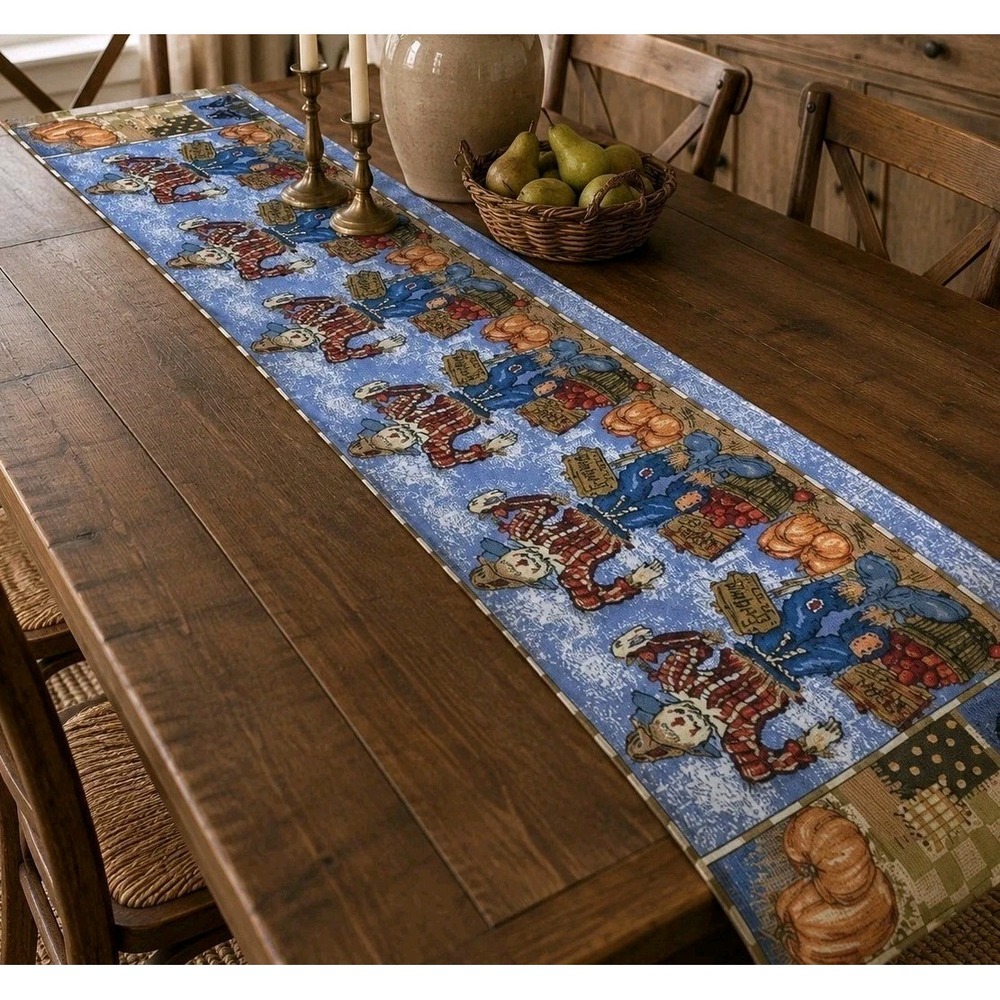VTG Fall Tapestry Table Runner Scarecrow Pumpkin Harvest Autumn Cottagecore 71"